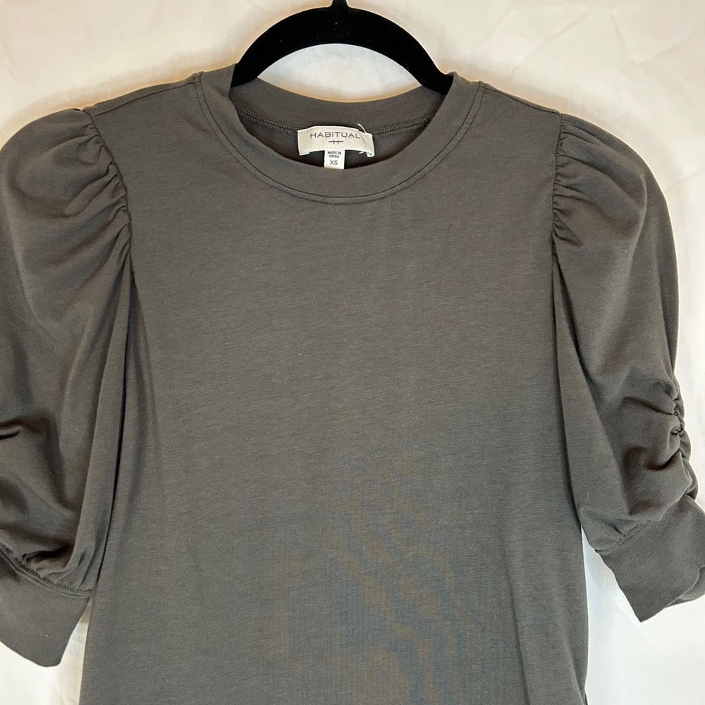 Habitual Olive Green Puff Sleeve Knit Top Ruched Sleeve Casual‎ Tee XS - Picture 2 of 12